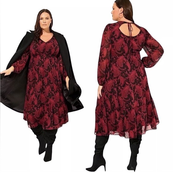 Torrid Tea Length Clip Dot Open Back A Line Dress NEW Paisley Black 4X - Picture 1 of 10